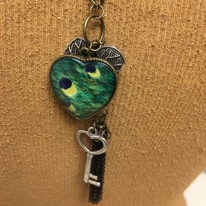Heart Peacock and Heart Key Dangle Necklace